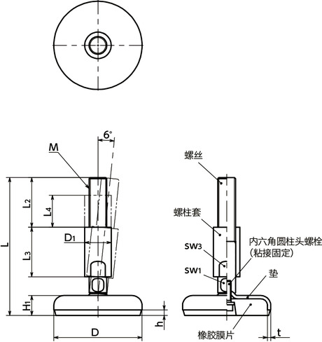 FNMS-B1-W调平调节器（外螺纹） - 带螺柱套 - 带橡胶膜片（黑）寸法図