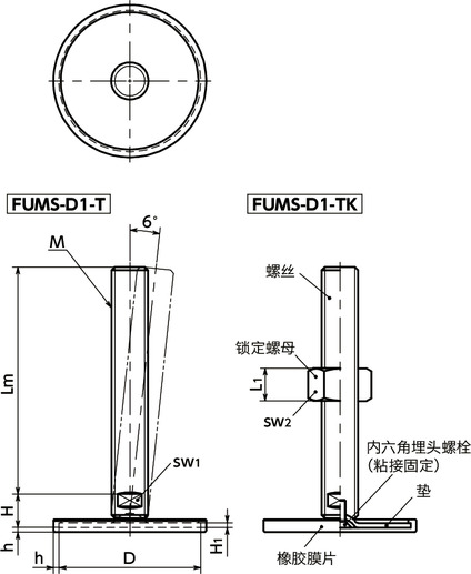 FUMS-D1-T调平调节器（外螺纹） - 对边宽度调整 - 带橡胶膜片寸法図