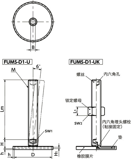 FUMS-D1-U调平调节器（外螺纹） - 带内六角孔 - 带橡胶膜片寸法図