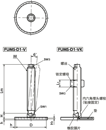 FUMS-D1-V调平调节器（外螺纹） - 带六角头 - 带橡胶膜片寸法図