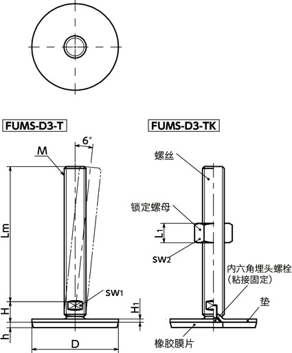 FUMS-D3-T调平调节器（外螺纹） - 对边宽度调整 - 带橡胶膜片（粘接）寸法図