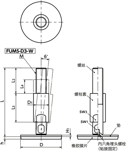FUMS-D3-W调平调节器（外螺纹） - 带螺柱套 - 带橡胶膜片（粘接）寸法図