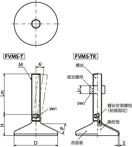 FVMS-T调平调节器（外螺纹） - 对边宽度调整 - 带橡胶垫寸法図