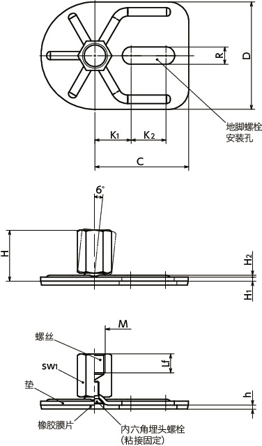 FYAF-E3-X调平调节器（内螺纹） - 地脚螺栓固定型 - 带橡胶膜片（粘接）寸法図