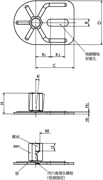 FYAFS-E0-X调平调节器（内螺纹） - 地脚螺栓固定型寸法図