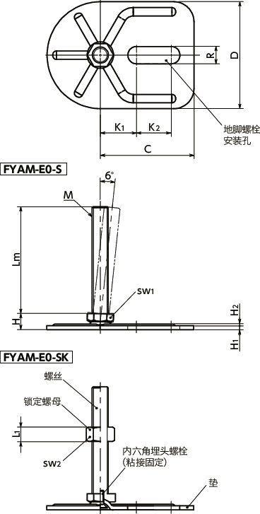 FYAM-E0-S调平调节器（外螺纹） - 地脚螺栓固定型 - 六角调整寸法図