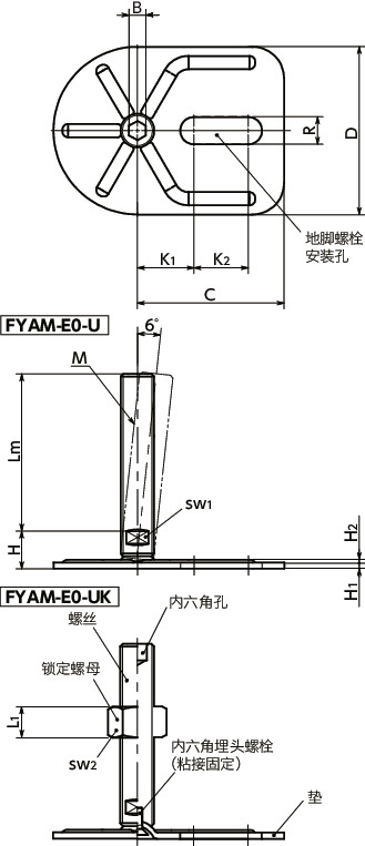 FYAM-E0-U调平调节器（外螺纹） - 地脚螺栓固定型 - 带内六角孔寸法図
