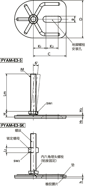 FYAM-E3-S调平调节器（外螺纹） - 地脚螺栓固定型 - 六角调整 - 带橡胶膜片（粘接）寸法図