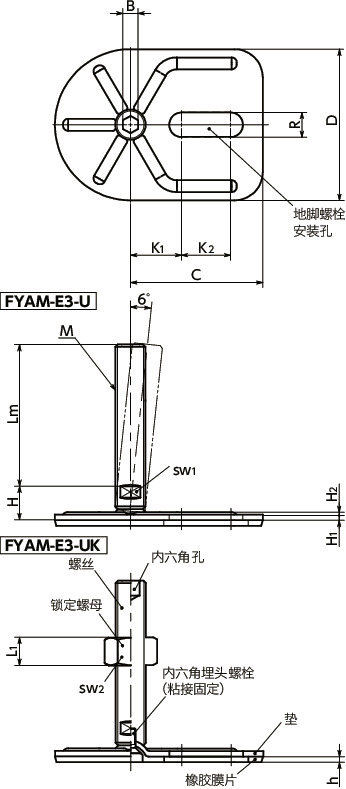 FYAM-E3-U调平调节器（外螺纹） - 地脚螺栓固定型 - 带内六角孔 - 带橡胶膜片（粘接）寸法図