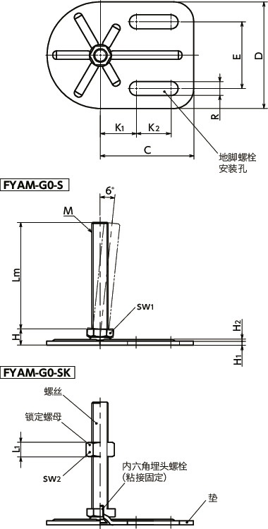 FYAM-G0-S调平调节器（外螺纹） - 地脚螺栓固定型 - 六角调整寸法図