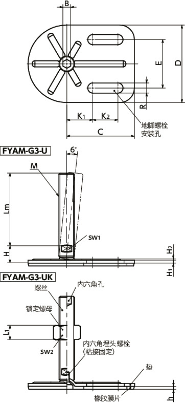 FYAM-G3-U调平调节器（外螺纹） - 地脚螺栓固定型 - 带内六角孔 - 带橡胶膜片（粘接）寸法図