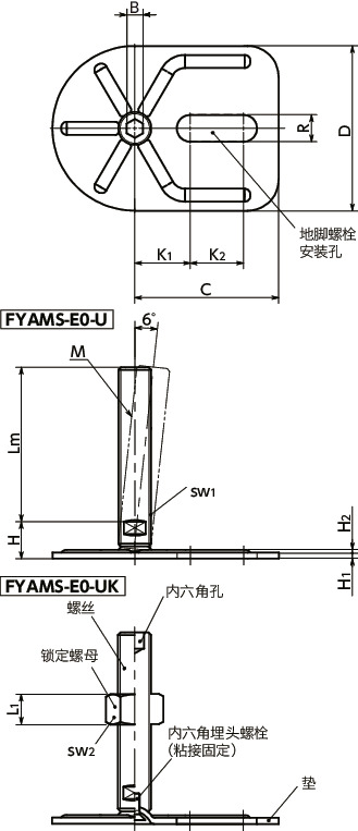 FYAMS-E0-U调平调节器（外螺纹） - 地脚螺栓固定型 - 带内六角孔寸法図