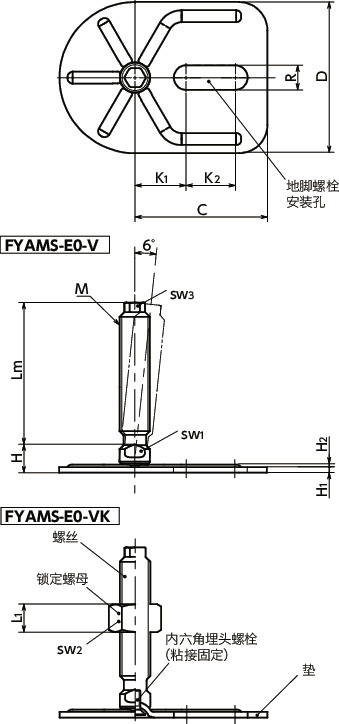 FYAMS-E0-V调平调节器（外螺纹） - 地脚螺栓固定型 - 带六角头寸法図