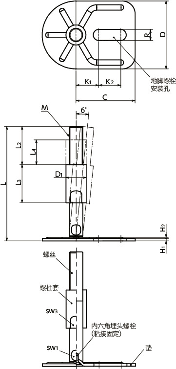 FYAMS-E0-W调平调节器（外螺纹） - 地脚螺栓固定型 - 带螺柱套寸法図