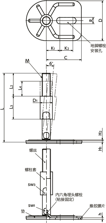 FYAMS-E3-W调平调节器（外螺纹） - 地脚螺栓固定型 - 带橡胶膜片（粘接）寸法図