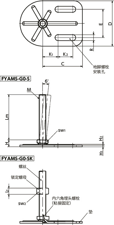 FYAMS-G0-S调平调节器（外螺纹） - 地脚螺栓固定型 - 六角调整寸法図