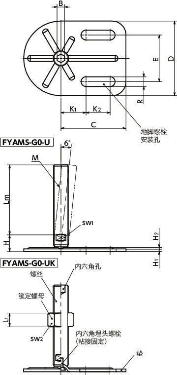 FYAMS-G0-U调平调节器（外螺纹） - 地脚螺栓固定型 - 带内六角孔寸法図