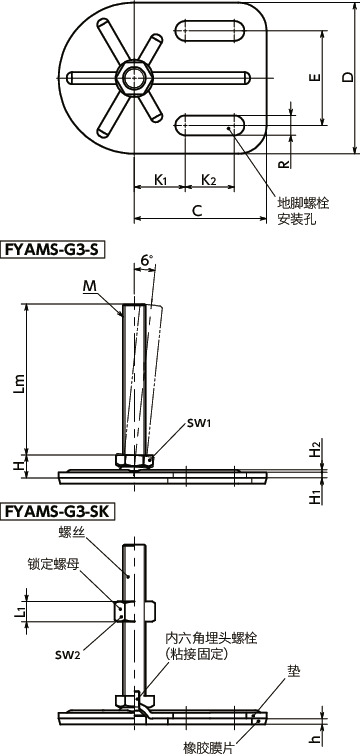FYAMS-G3-S调平调节器（外螺纹） - 地脚螺栓固定型 - 六角调整 - 带橡胶膜片（粘接）寸法図