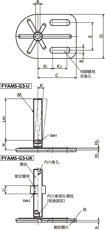 FYAMS-G3-U调平调节器（外螺纹） - 地脚螺栓固定型 - 带内六角孔 - 带橡胶膜片（粘接）寸法図