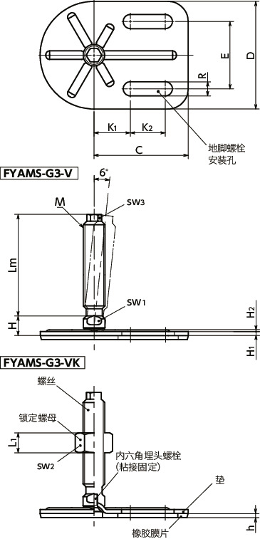 FYAMS-G3-V调平调节器（外螺纹） - 地脚螺栓固定型 - 带六角头 - 带橡胶膜片（粘接）寸法図