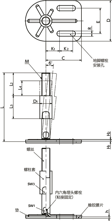 FYAMS-G3-W调平调节器（外螺纹） - 地脚螺栓固定型 - 带螺柱套 - 带橡胶膜片（粘接）寸法図