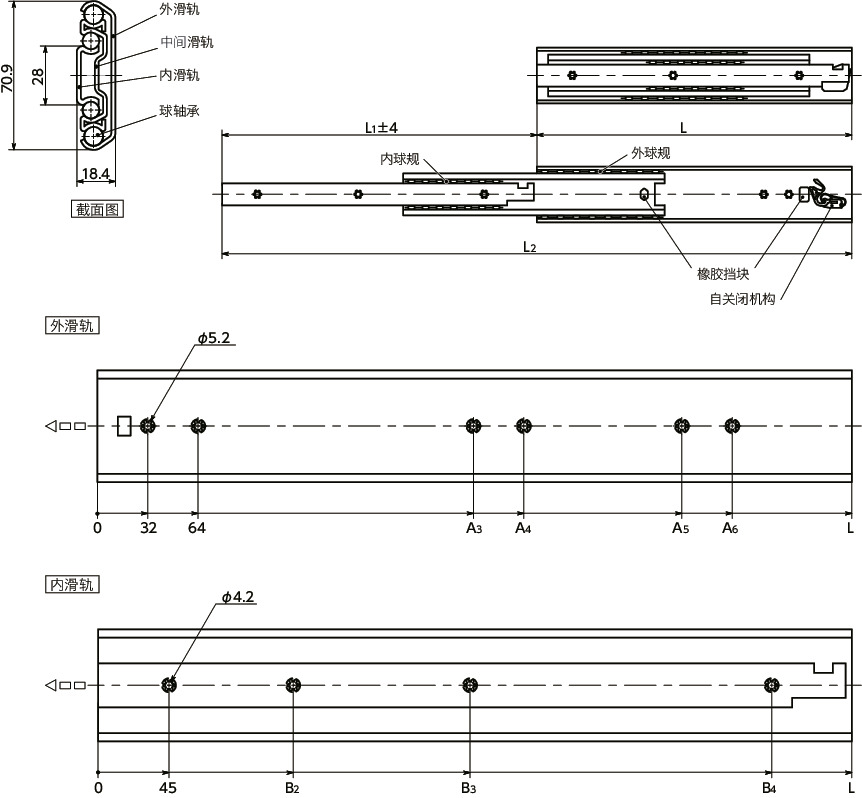TSEC滑轨 - 三段抽拉 - 带自关闭机构寸法図
