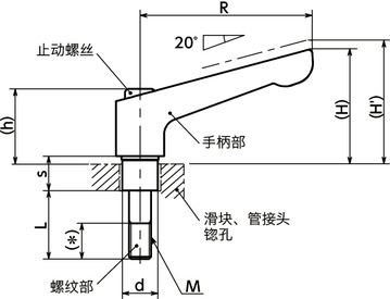 GN911滑块、管接头用夹紧手柄（外螺纹）寸法図