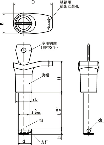 PDKLS锁销 - L形旋钮型 - 带钥匙锁寸法図