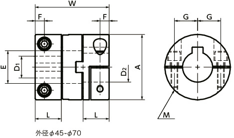 MOM-CK挠性联轴器 - 十字滑块型 - 夹紧型＋键槽型寸法図