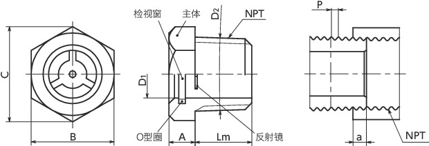 QLGMH-NPT-A油位窗 - 锥形螺纹型寸法図