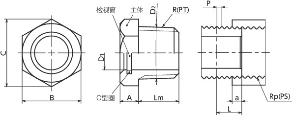 QLGML-R-B油位窗 - 锥形螺纹型寸法図