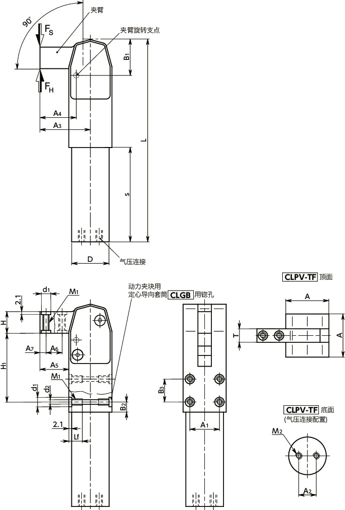 CLPV-TF动力夹块 - 气压夹紧式 - 垂直夹紧 - PTFE涂层寸法図